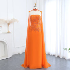 Orange Evening Dress with Cape Sleeves