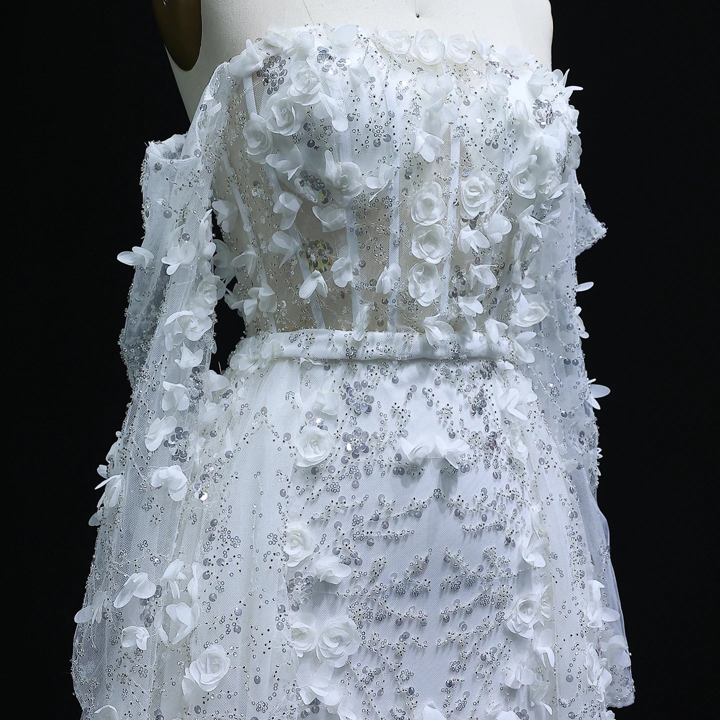 3D Flowers Evening Dress with Overskirt Long Sleeves