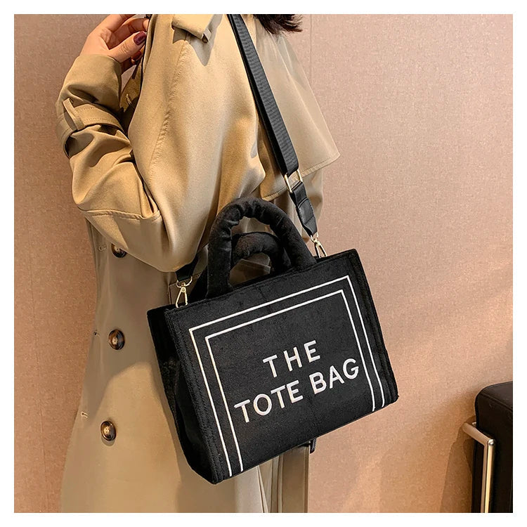 Square Velour Tote Bag with Letter Print