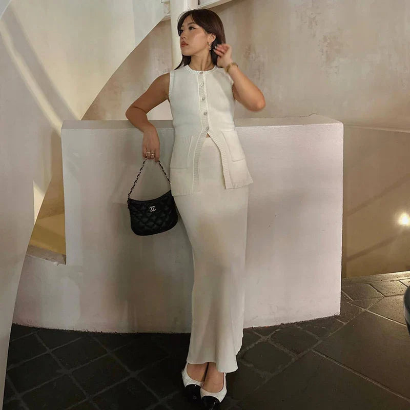 Knitted Sleeveless Top Slit High Waist Long Skirt Suit