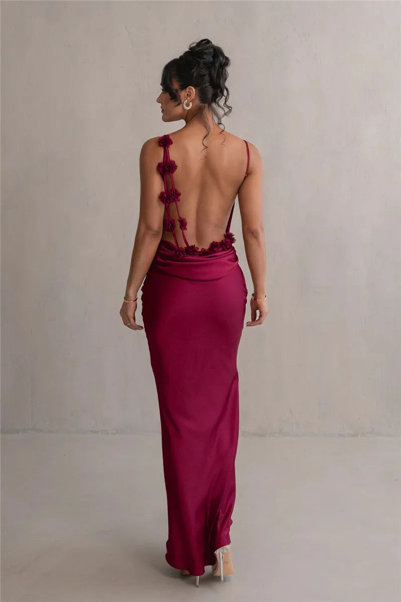 Floral Draped Open Back Spaghetti Strap Maxi Dress