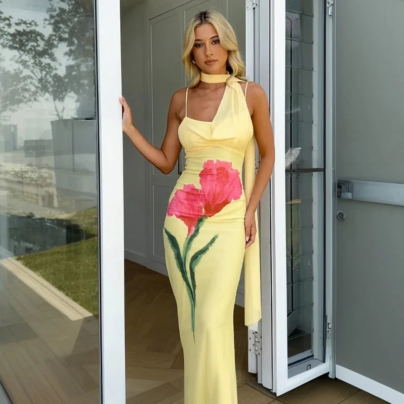 Print Yellow Spaghetti Strap Long Dress