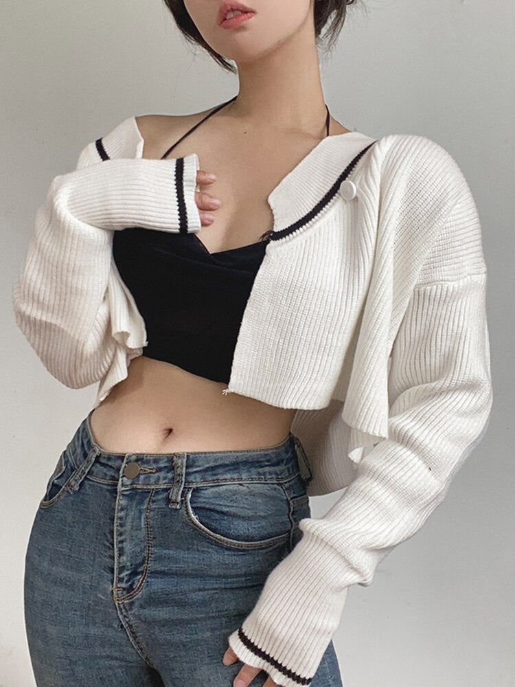 Asymmetrical Stripe Knitted Cardigan Cropped Coat