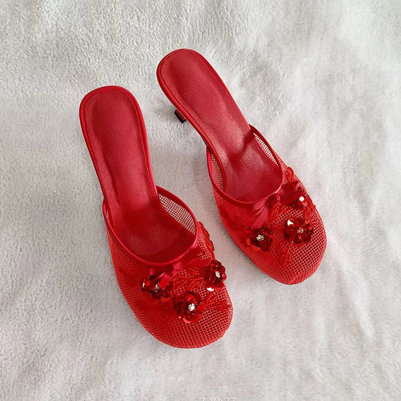 Mesh Thin heel Slip on Sandals