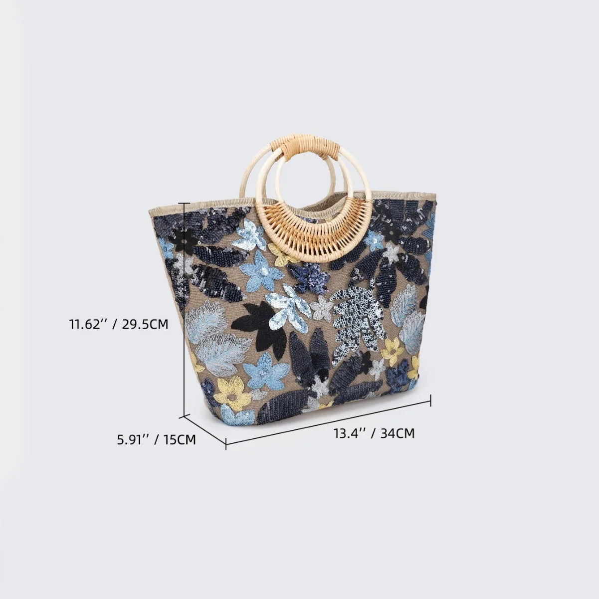 Embroidered Sequin Straw Tote Bag