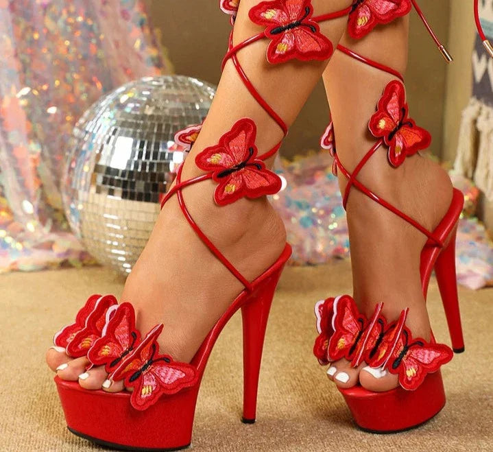 Cross Strap Handmade Embroidery Butterfly Heels