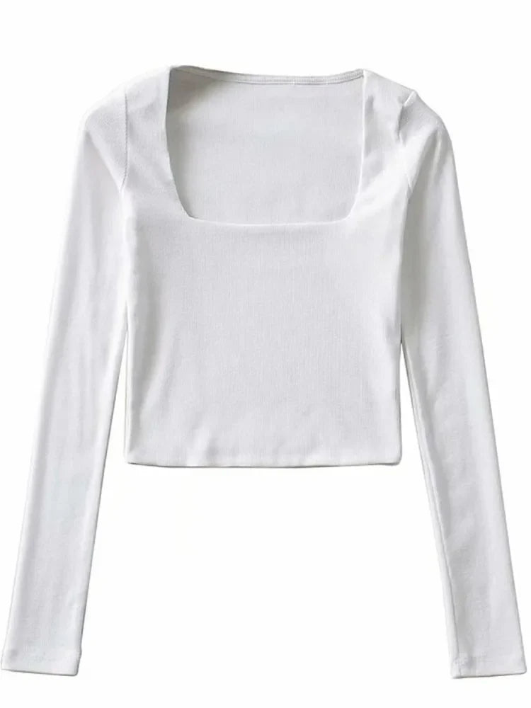 Women Long Sleeves Cotton Ribbed Square Neck Crop Top