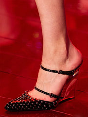 Rivet Crystal Wedges Buckle Strap Pumps Shoes