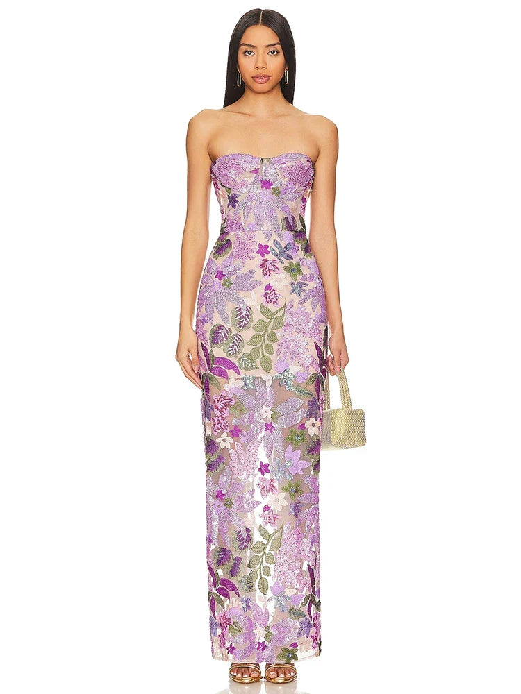 Floral-Embellished Sequin Lavender Ankle Length Dress