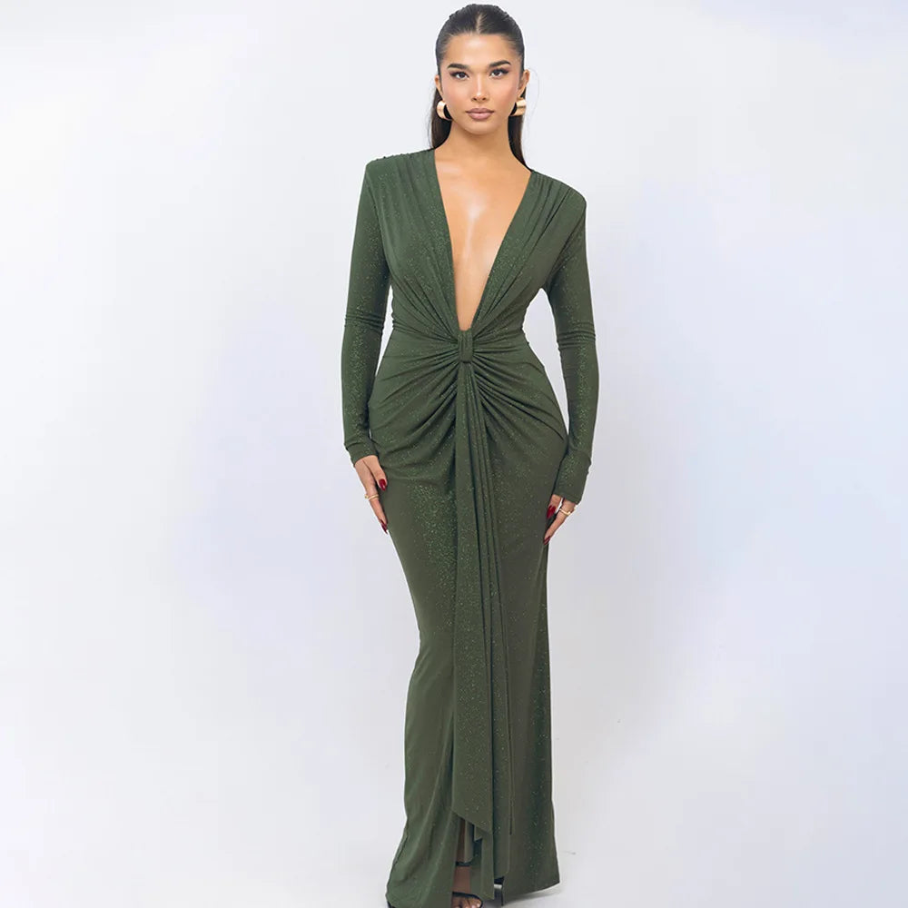 Elastic Deep V-Fold Lace Maxi Dress