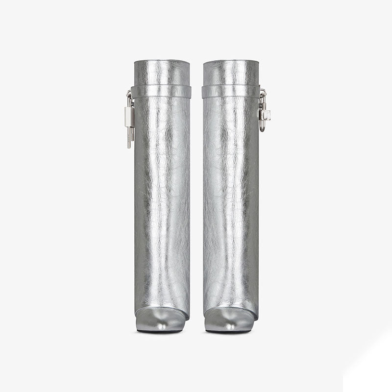 Silver High Heel Knee High Lock Pant Boots
