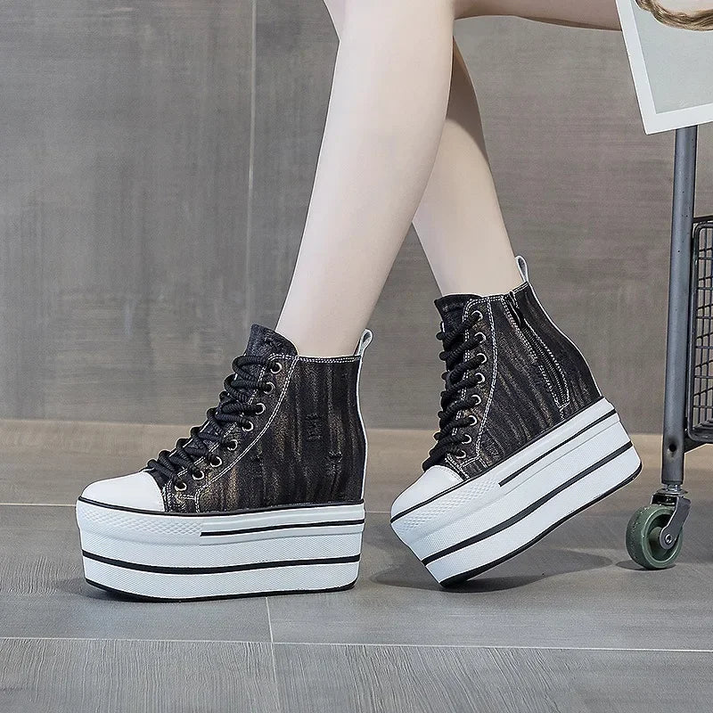 Denim and Leather Platform Wedge Heels Ankle Boots