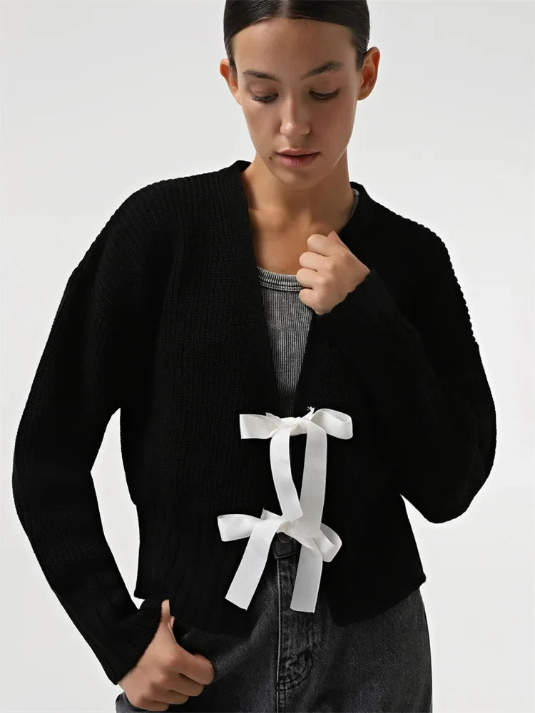 Tee Bow Hollow Out Ribbed Patchwork Cardigan