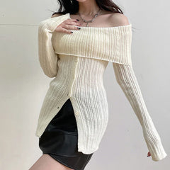 Basic Buttons Off Shoulder Knitted Sweater