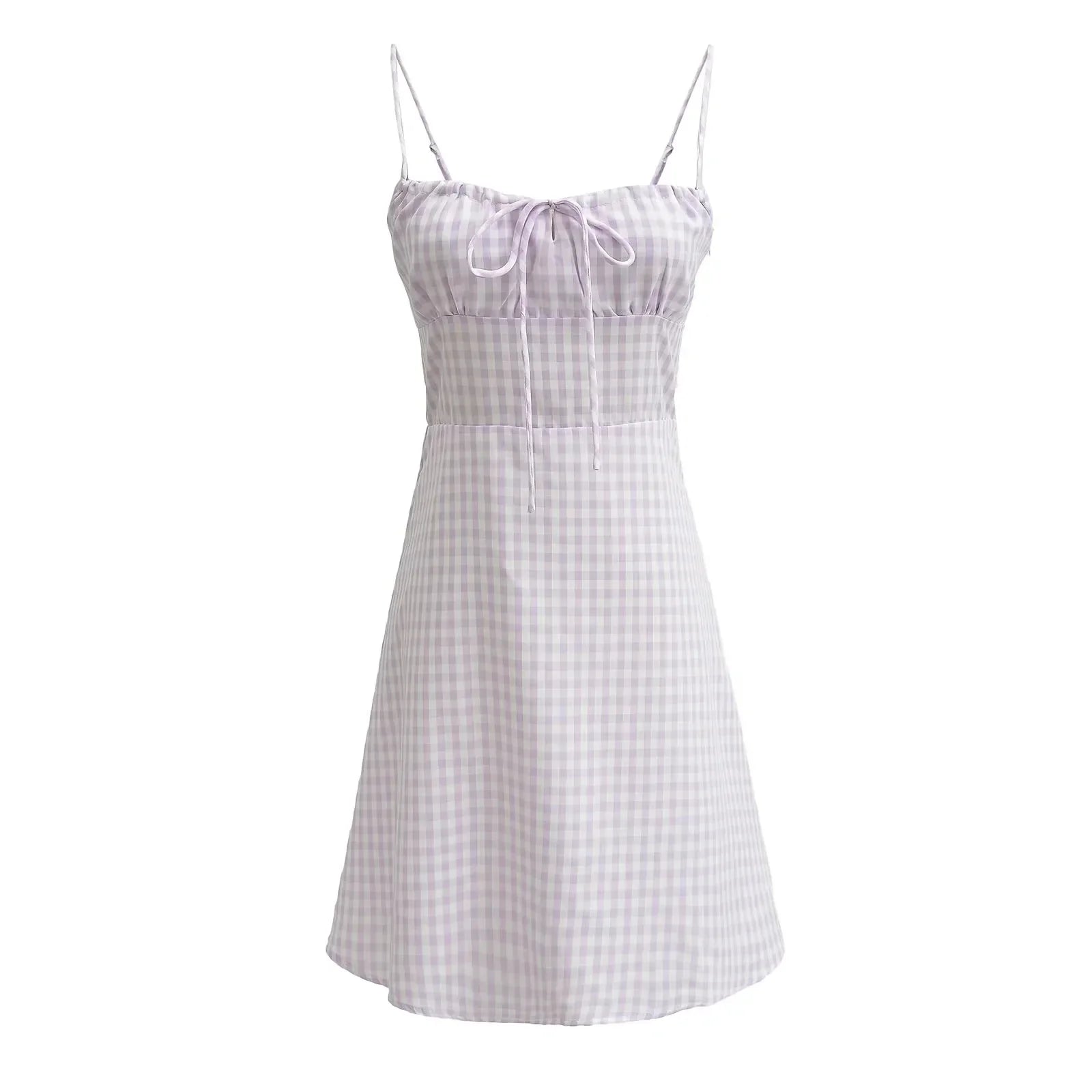 Spaghetti Strap Tie Up Plaid Pink Midi Dress