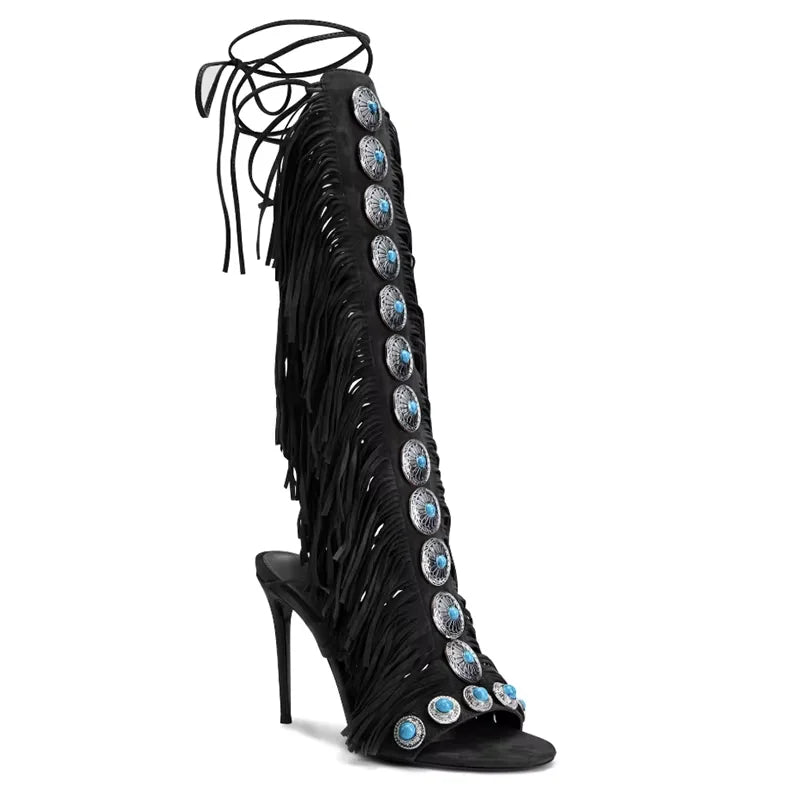 Tassels Lace up Cover Heel Knee high shoes