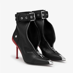 Belt Buckle Front Zipper Pointed Ankle Boots