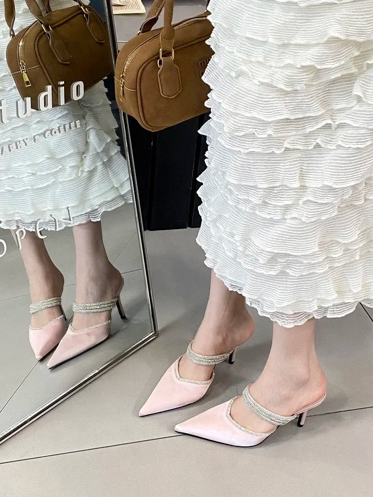 Crystal Narrow Band Pointed Toe Thin Low Heeled Shoes