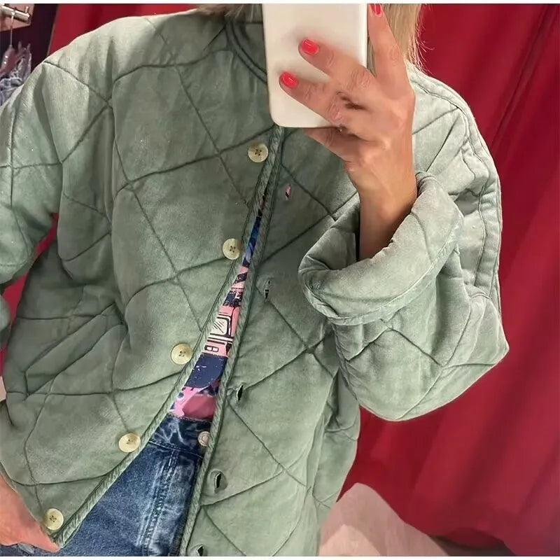 Solid Stand Collar Quilted Jacket