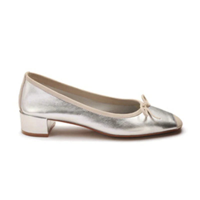 Silk Round Toe Square Heels Bowknot Shoes