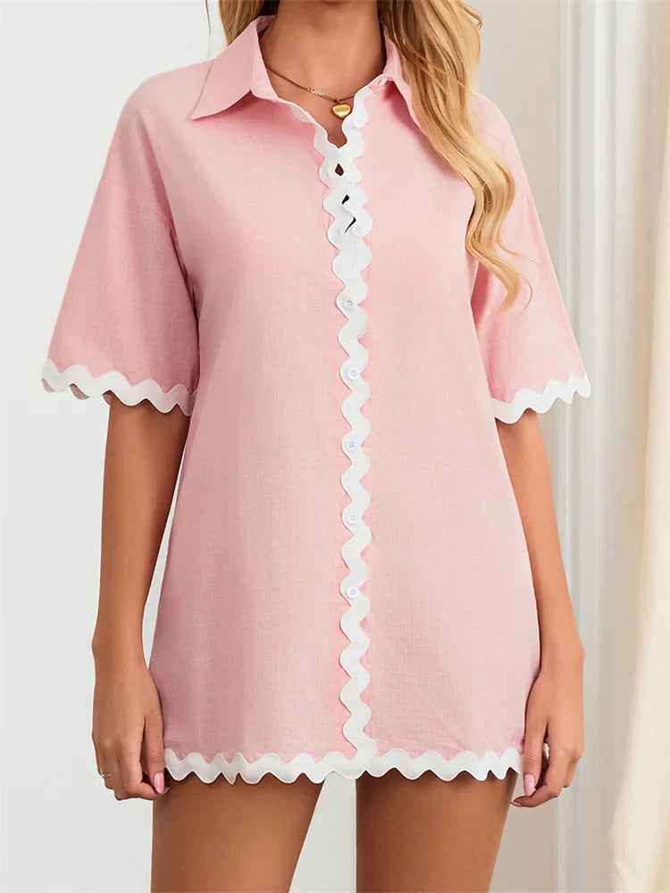 Contrast Short Sleeve Turn-Down Collar Mini Dress
