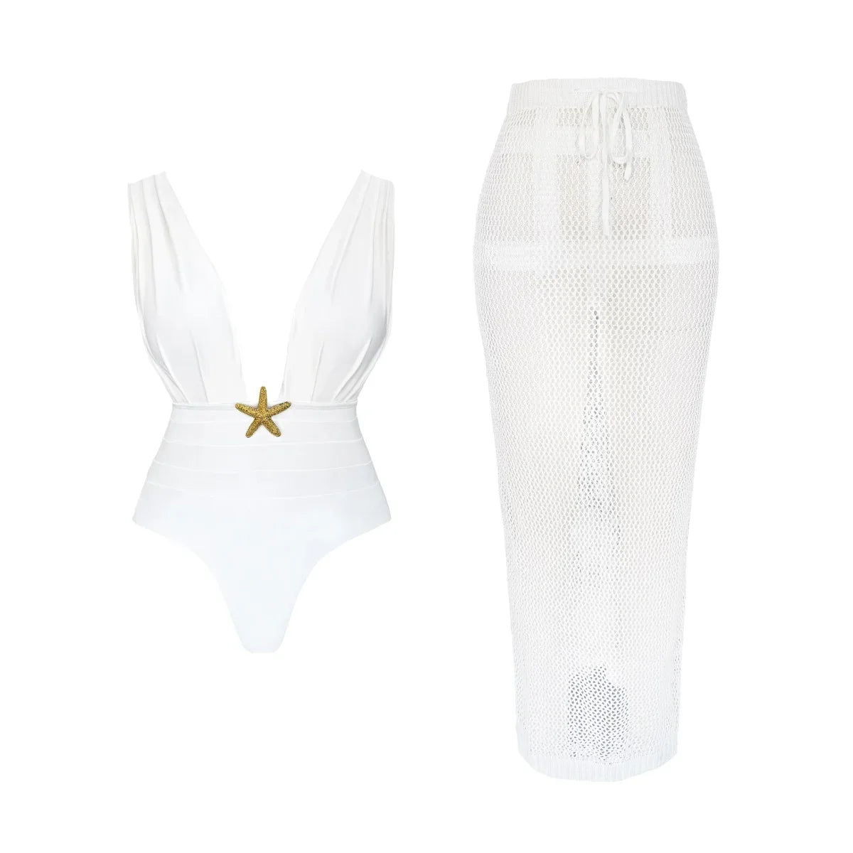 2Pcs Deep V One Piece Swimsuit Shiny Star Bikini