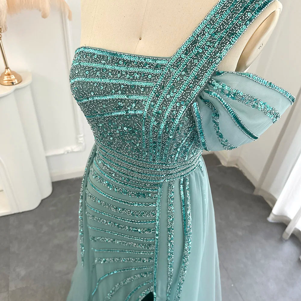 Sage Green One-Shoulder Evening Gown with Overskirt