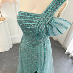 Sage Green One-Shoulder Evening Gown with Overskirt