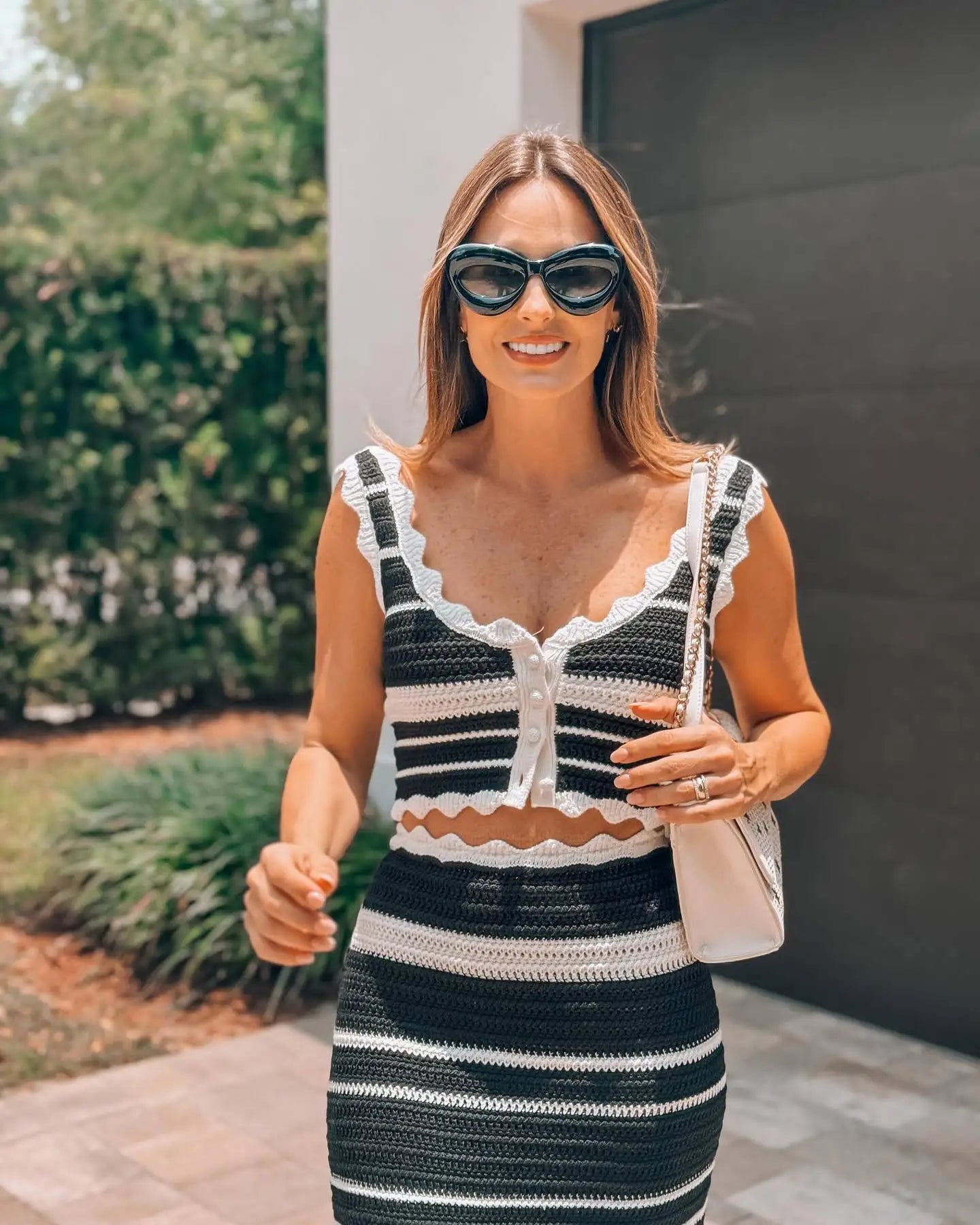 Striped Contrast Knitted Top and Long Skirt Set