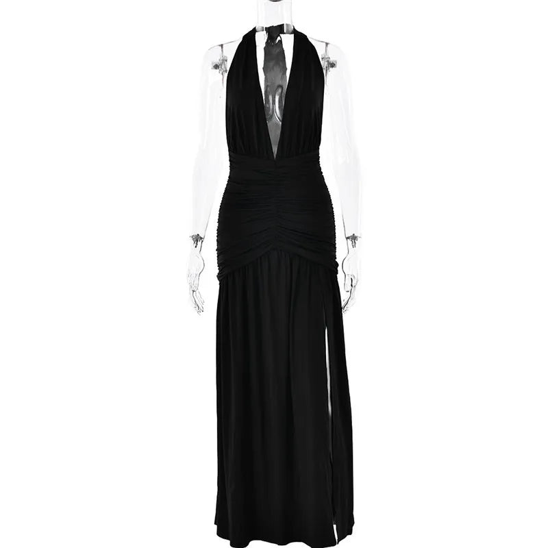 Open Back Solid Thigh High Split Long Dress