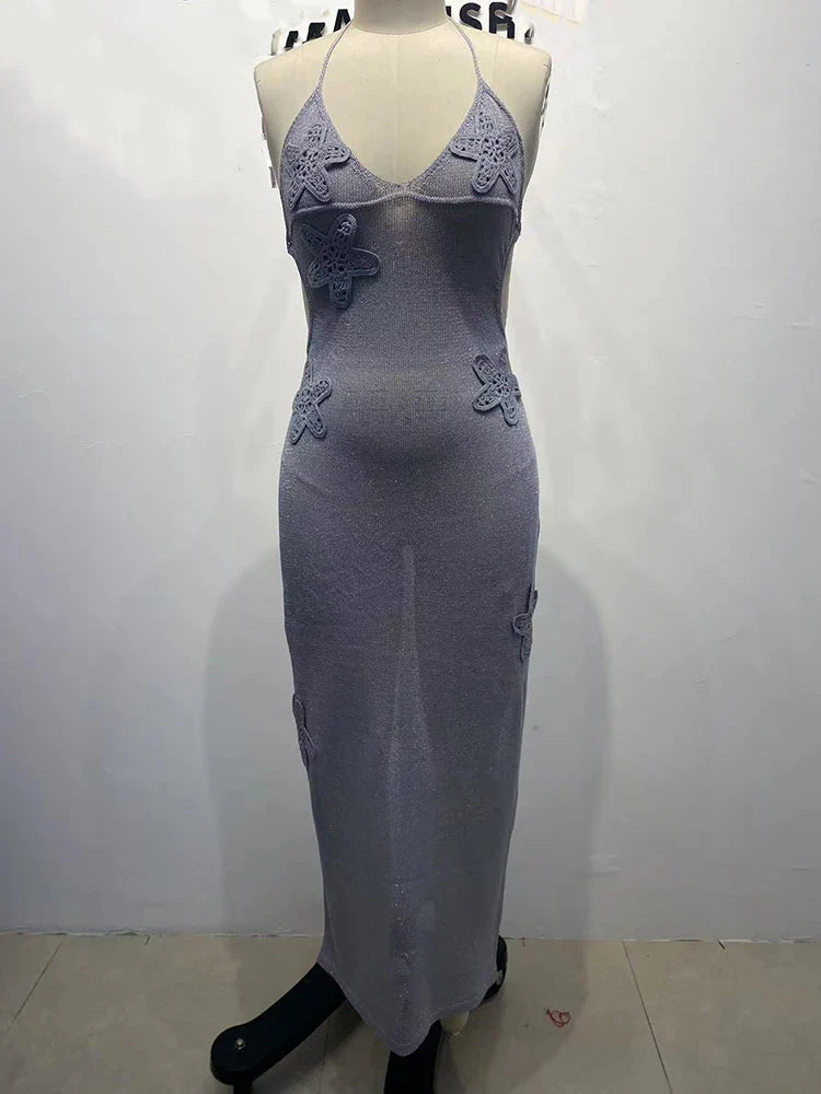 Glitter Sheer Halter Women Maxi Dress Gray Backless