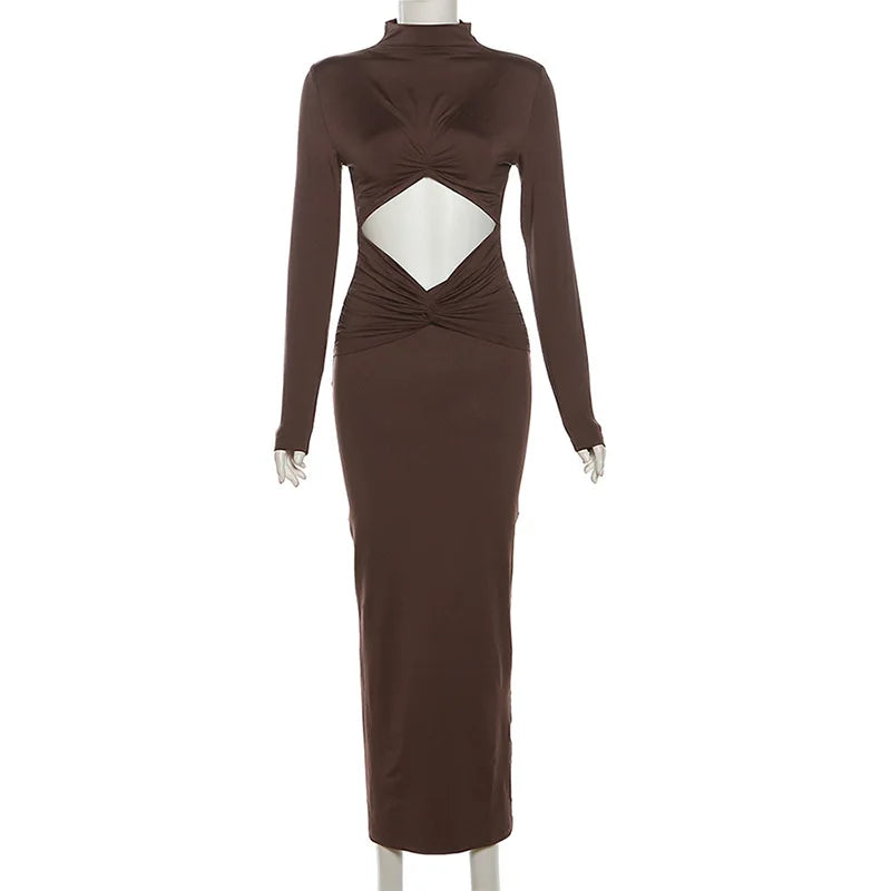 Hollow Out Pleated Long Sleeves Maxi Dress