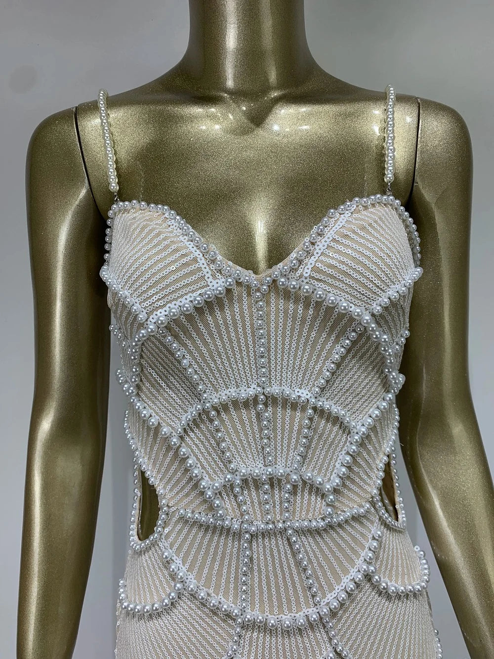 Women V Neck White Pearl Beading Maxi Dress