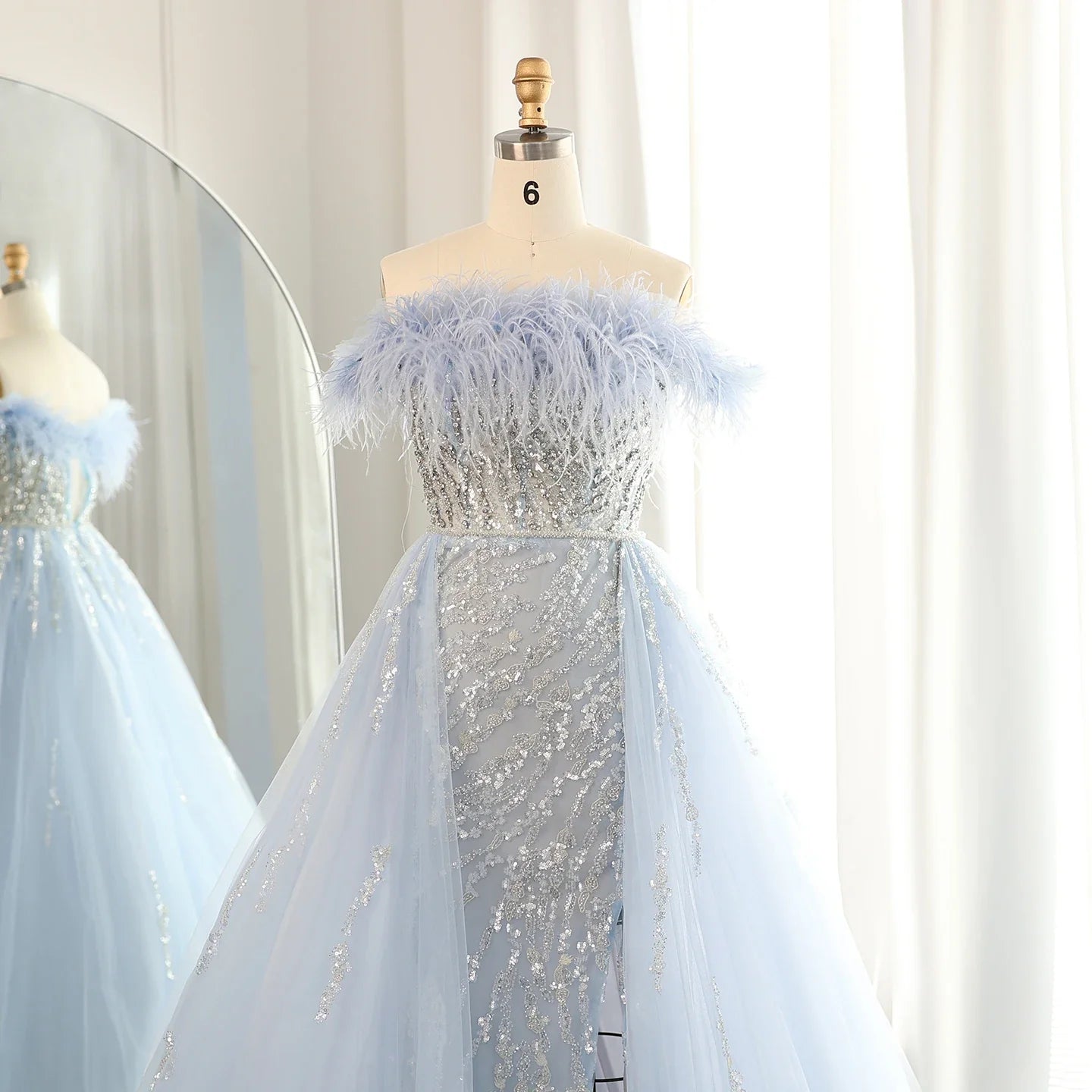 Feathers Off-shoulder Side Slit Overskirt Party Dress