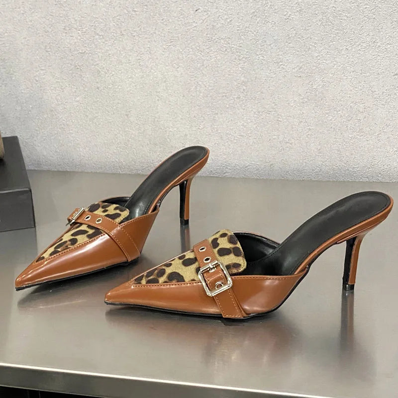 Leopard Print Buckle Strap Thin High Heels Shoes