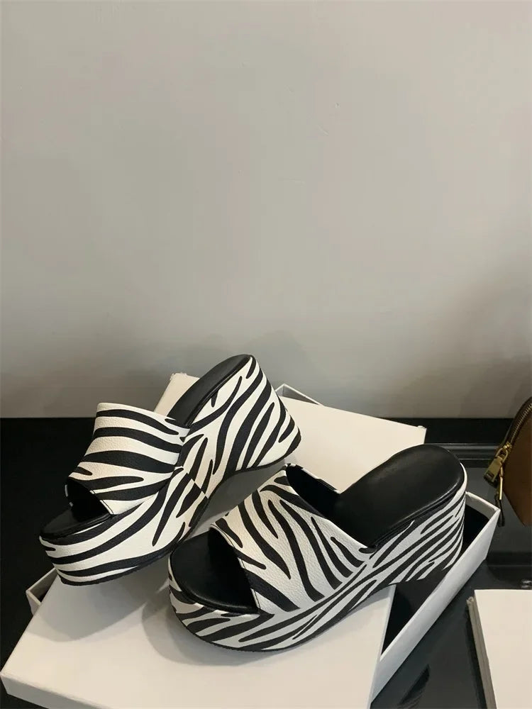 Zebra Stripes Thick Bottom Heels Banquet Slides Shoes