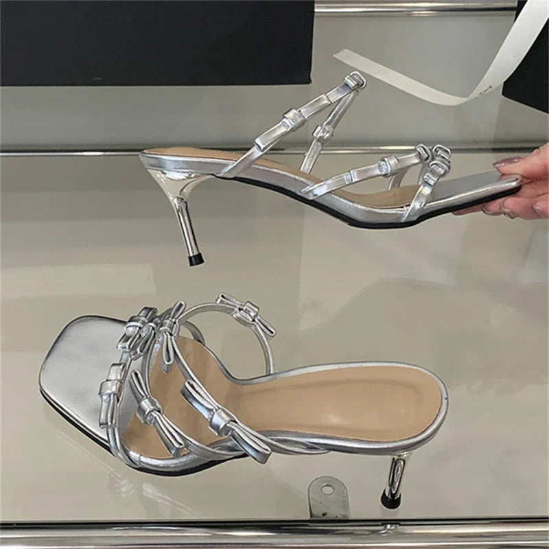 Leopard Narrow Band Thin Low Heels Sandals