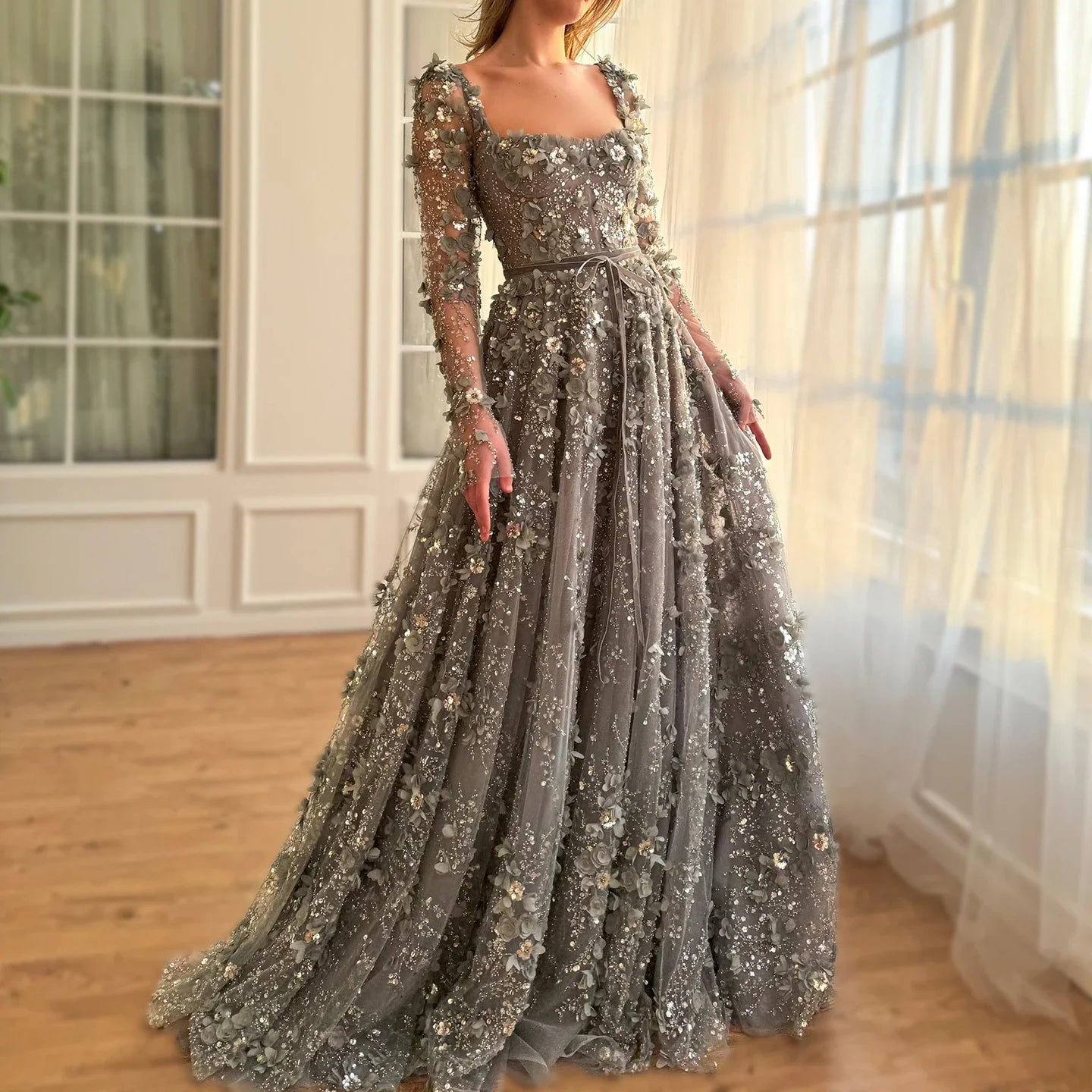 3D Floral A-Line Evening Gown Long Sleeves