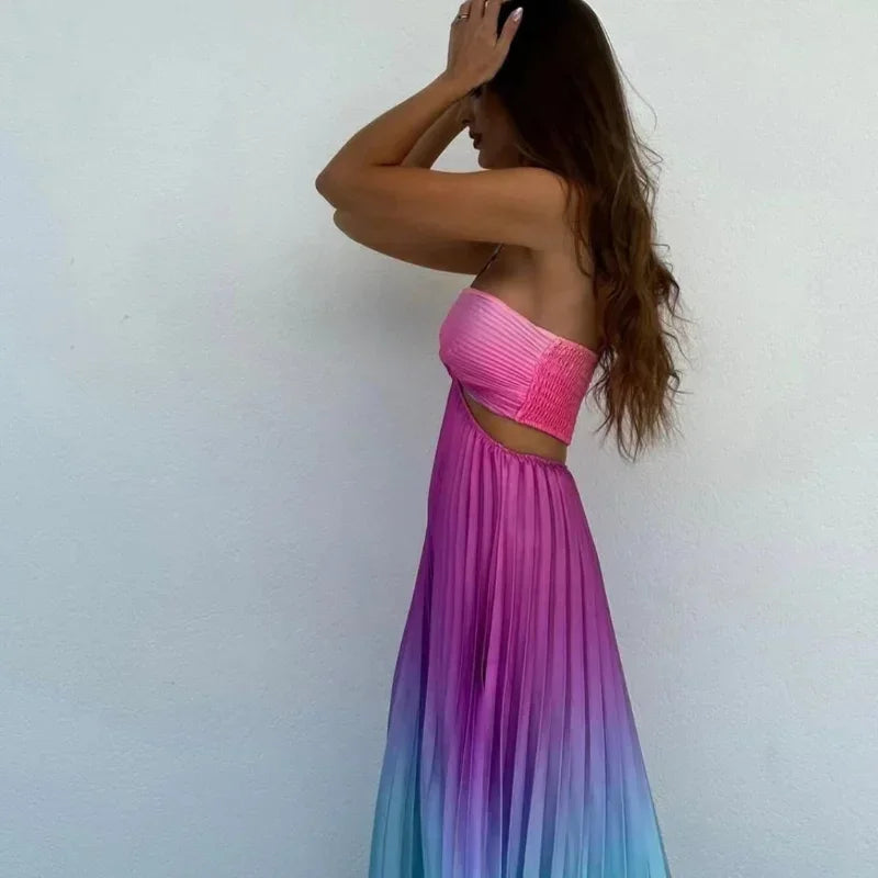 Satin Gradient Pleated Sleeveless Maxi Dress