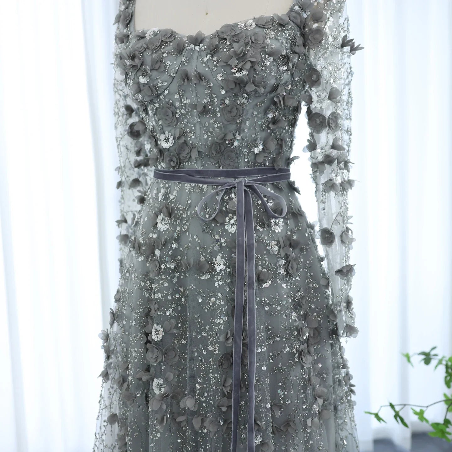 3D Floral A-Line Evening Gown Long Sleeves