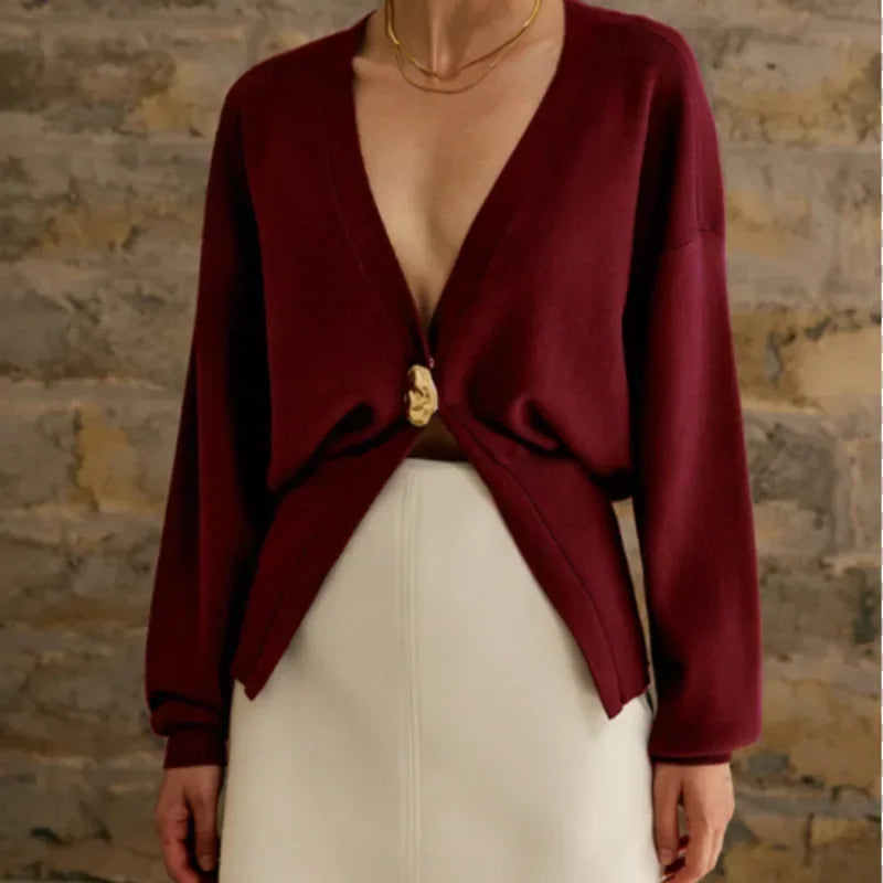 Knitted Single Button Long Lantern Sleeve Sweater