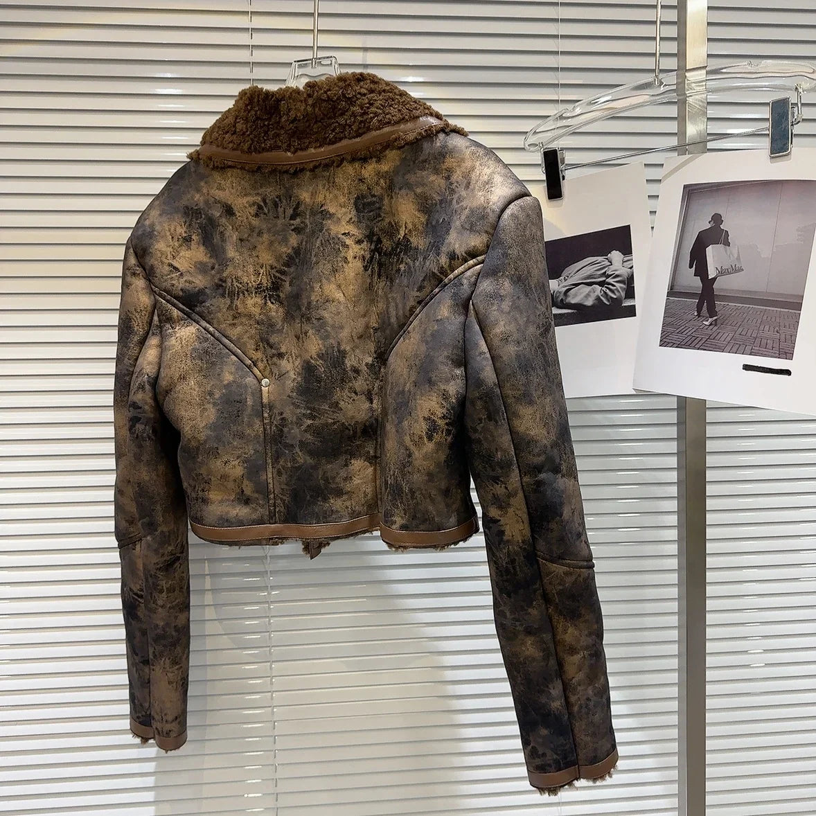 Tie Dye Fur Turn down Collar PU Leather Coat