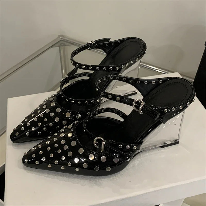 Rivet Crystal Wedges Buckle Strap Pumps Shoes