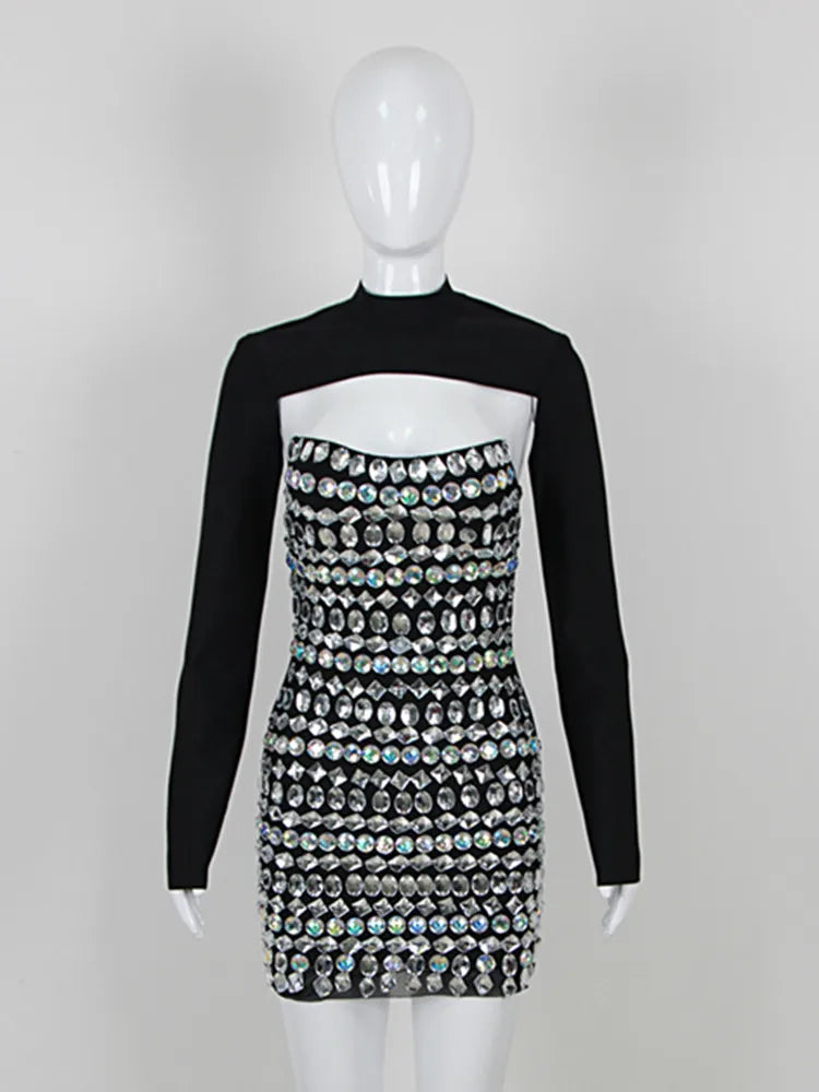 Turtleneck Beading Rhinestone Black Mini Dress