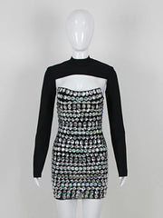 Turtleneck Beading Rhinestone Black Mini Dress