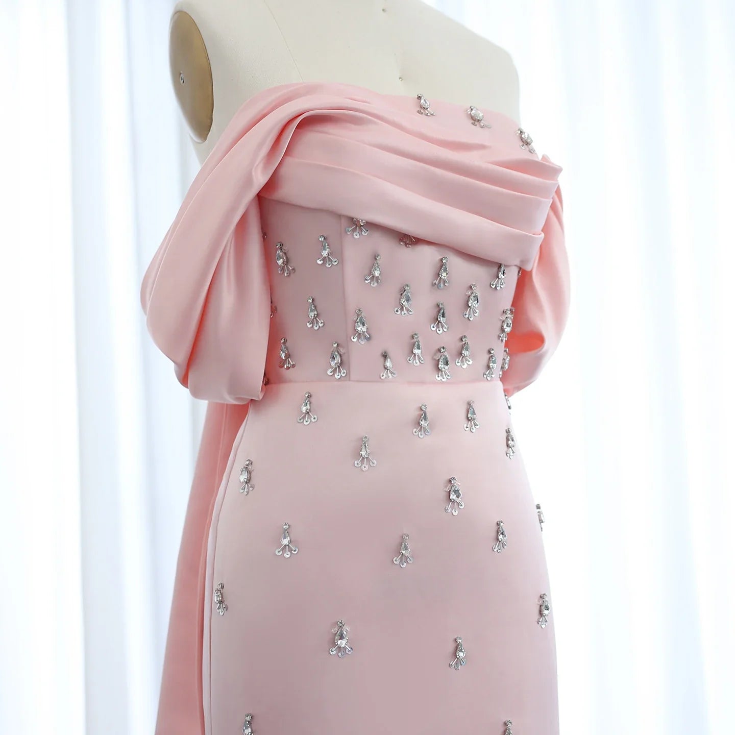 Baby Pink Off-the-Shoulder Evening Gown
