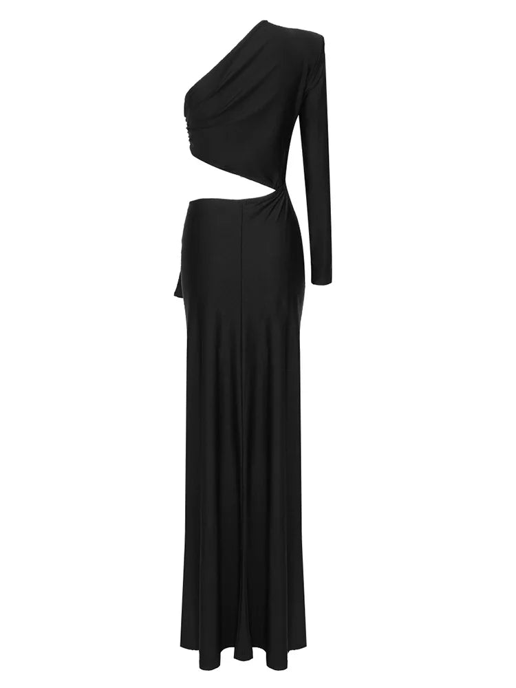Black Inclined Shoulder High Split Draped Maxi Dress