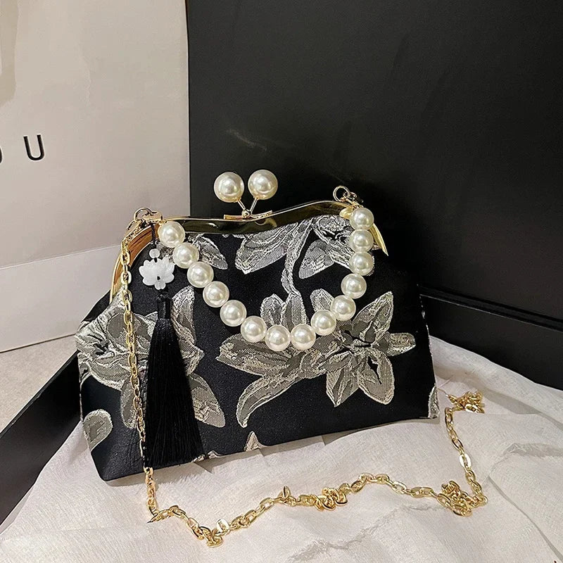 Embroidery Beaded Chain Crossbody Bag