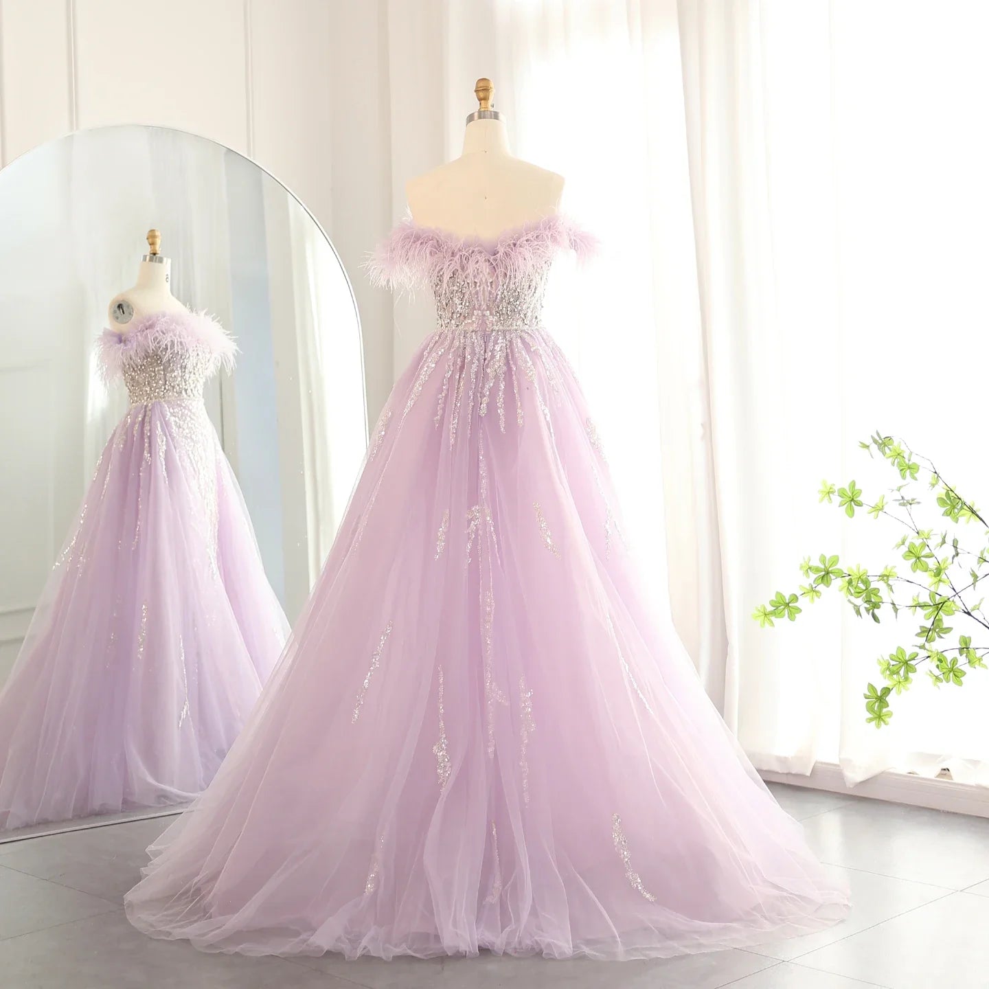 Feathers Off-shoulder Side Slit Overskirt Party Dress