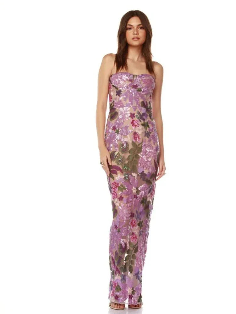 Floral-Embellished Sequin Lavender Ankle Length Dress